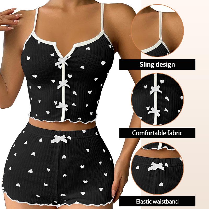 Women' Summer Cute Crop Top and Shorts with Ribbed Slim Fit Printed Suspender Ladie' S Home Casual Pajama Set