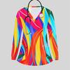 Women Plus Size V Neck Long Sleeve Printed Blue White Nurse Scrub Top With Front Pockets
