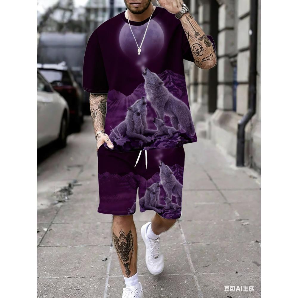 Мужской комплект: футболка с коротким рукавом и шорты с принтом «Звездное небо и стая волков»