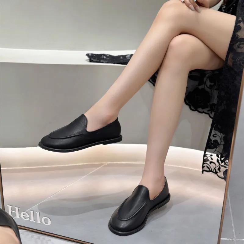 Лоферы Женские 2025 Новинка Весна Обувь Слипоны на Одну Ногу Круглый Носок Женская Обувь из Натуральной Кожи Мягкие Балетки Женские