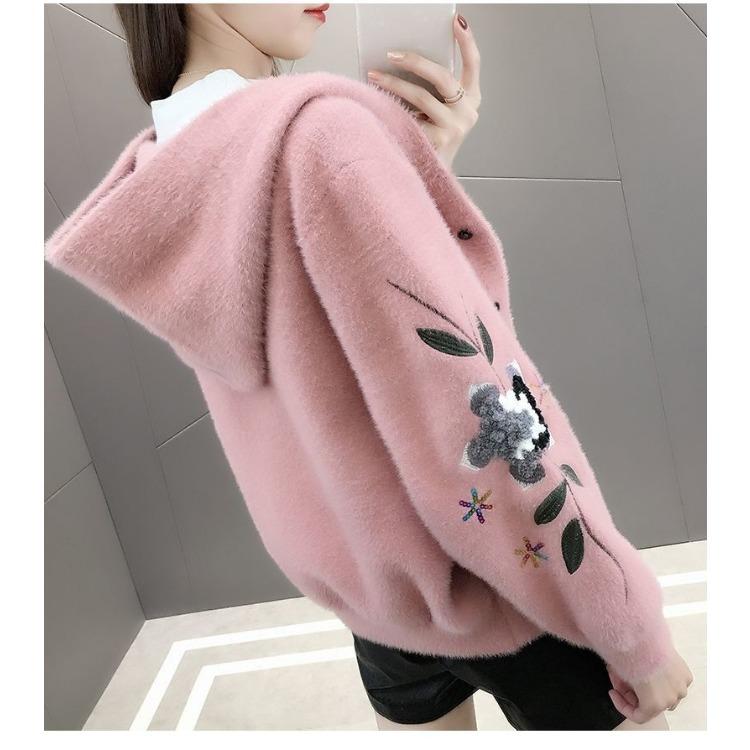 Waterproof Faux Mink Fur Hooded Coat Womens, Loose Knit Cardigan Top Winter Outerwear