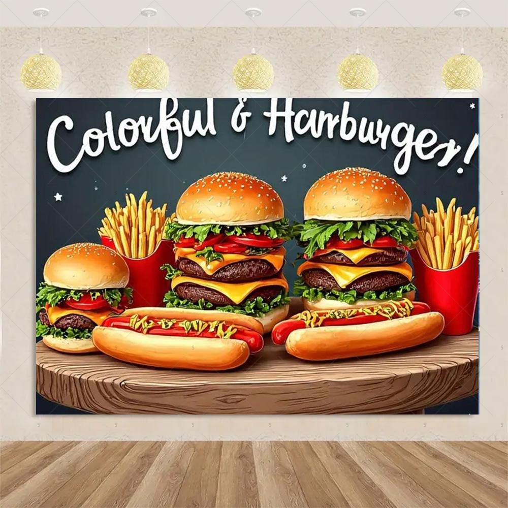 Pizza Hamburger Backdrop Supplies Quick Food Kid Birthday Party Decoration Cola French Fries Background Banner Photography Prop