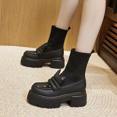 Женские лоферы на платформе 2025 весна новинка средняя голенище эластичные носки ботинки один педаль толстый каблук британские увеличивающие рост маленькие кожаные туфли