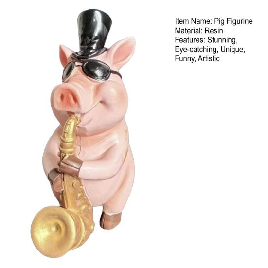 Cute Gentleman Pig Figurine Funny Resin Pig Playing Trumpet Sculpture for Living Room Bedroom Office Desk Home Decor