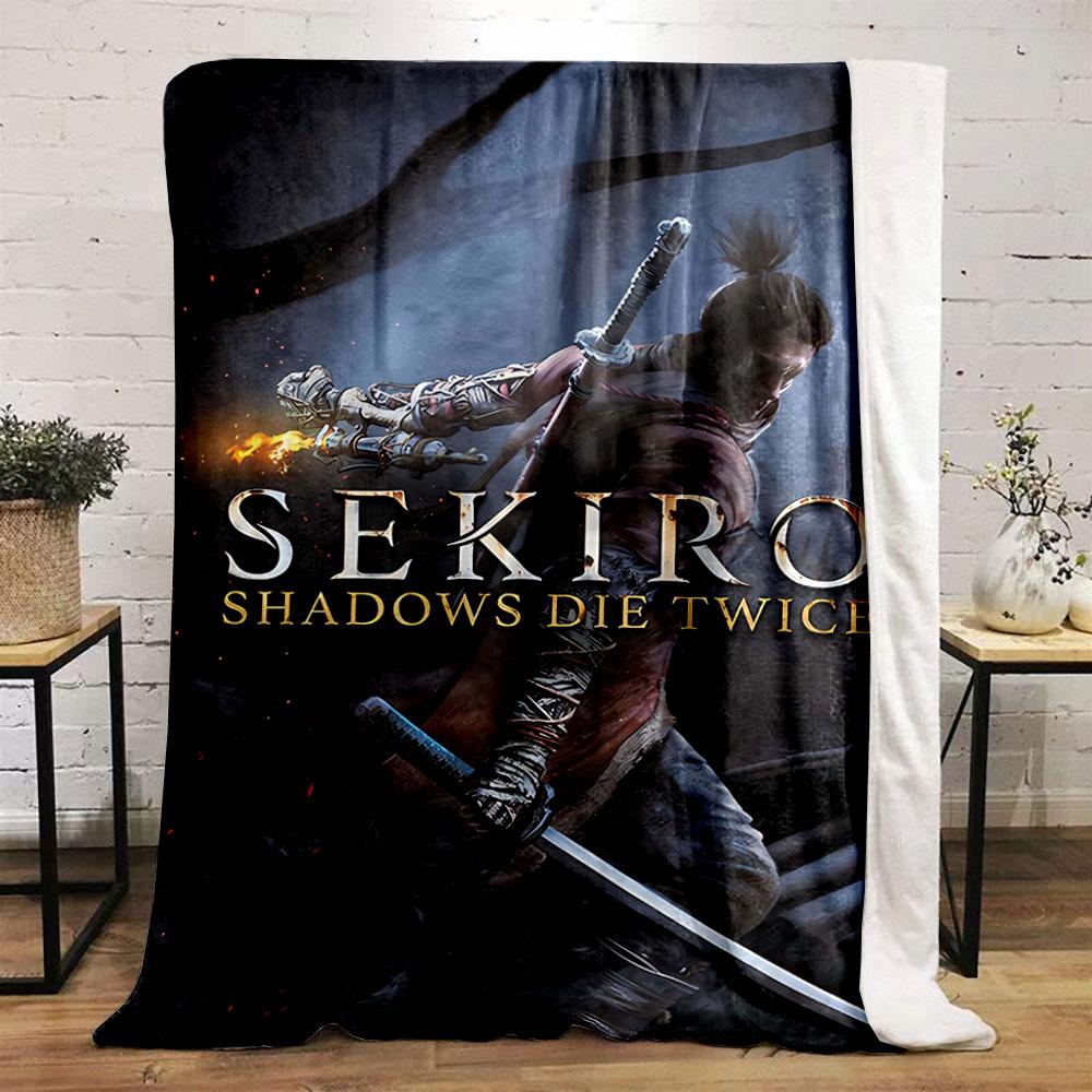A warrior wielding a katana amidst dark, smoky surroundings with fire. for all seasons blanket lunch break throw gift