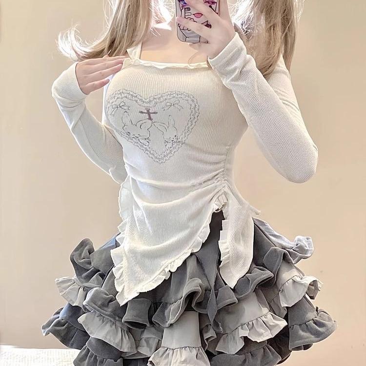 Эстетическая клубная одежда 2000-х годов, женская одежда с открытыми плечами, шикарные футболки с вырезом и принтом, весна-лето, японская футболка Y2k