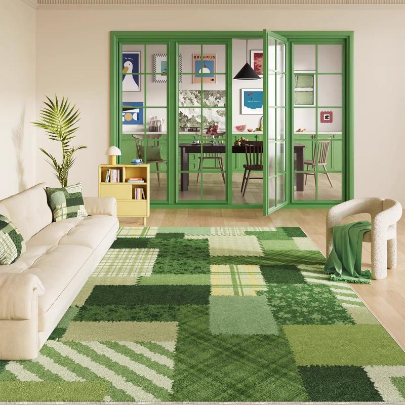 Girly Style Carpets for Living Room Striped Grid Bedroom Decor Carpet Fluffy Soft Green Plaid Rug Home Thicken Plush Floor Mat