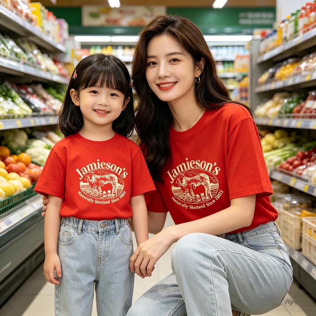 100% Cotton Lamb Print Mother-Daughter Matching Short Sleeve T-Shirt - Round Neck, Casual Top