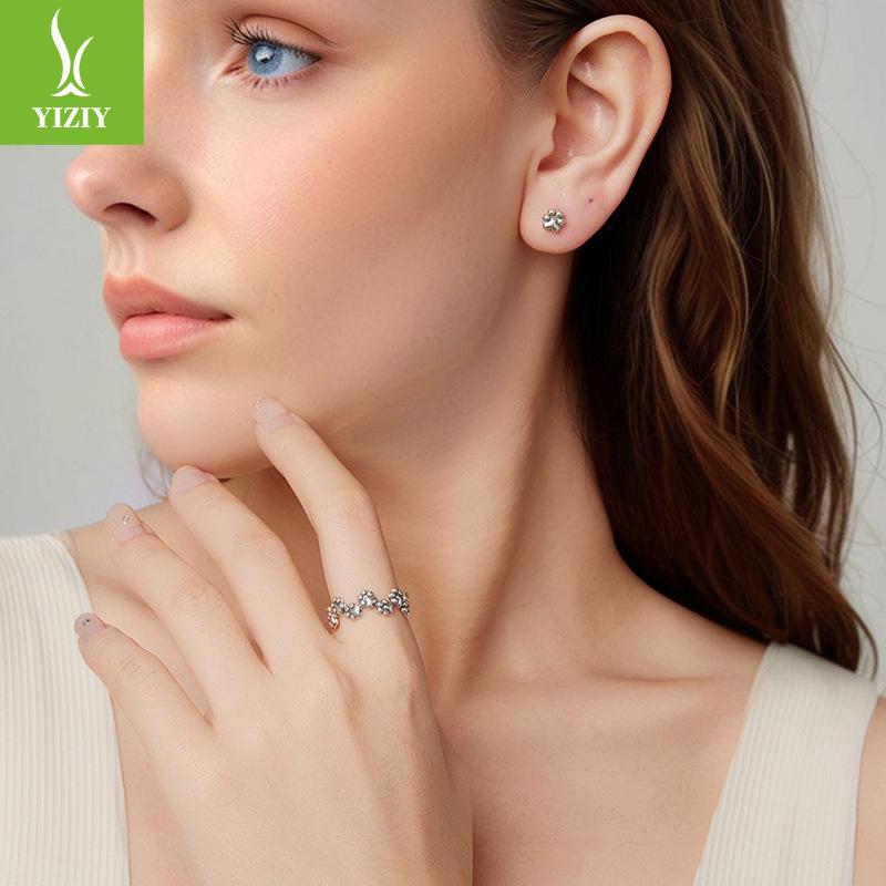 Cute Retro Style Pet Cat Paw Print Open Ring S925 Sterling Silver Paw Print Splicing Ring