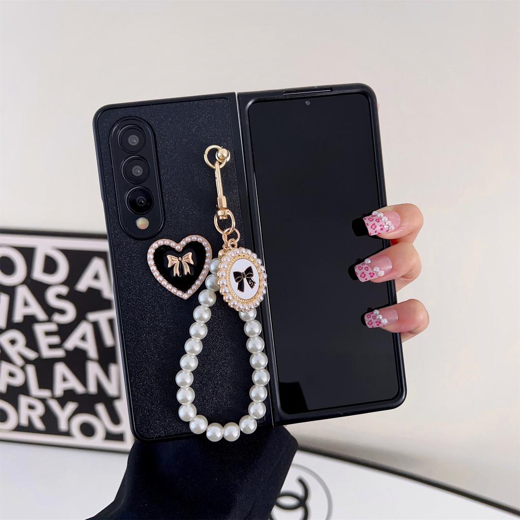 Luxury Korean Bow Tag Pearl Bracelet Chain 3d Love Heart Case For Samsung Galaxy Z Fold 3 4 5g Z Fold3 Zfold3 Zfold4 Fold4 Cover