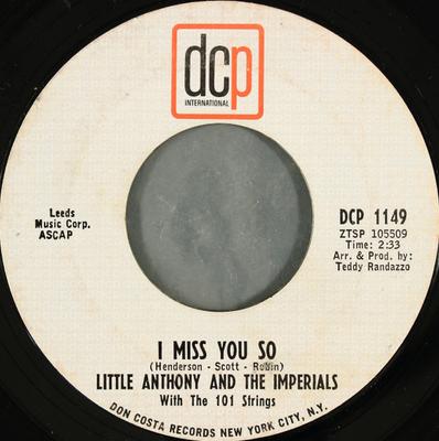 7-дюймовая пластинка LITTLE ANTHONY & THE IMPERIALS - I Miss You So DCP1149 DCP Internation 1965 США Соул/Фанк Б/У