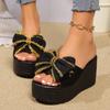 Женские модные летние шлепанцы на платформе с бантом в европейском и американском стиле, новые однотонные большого размера на танкетке