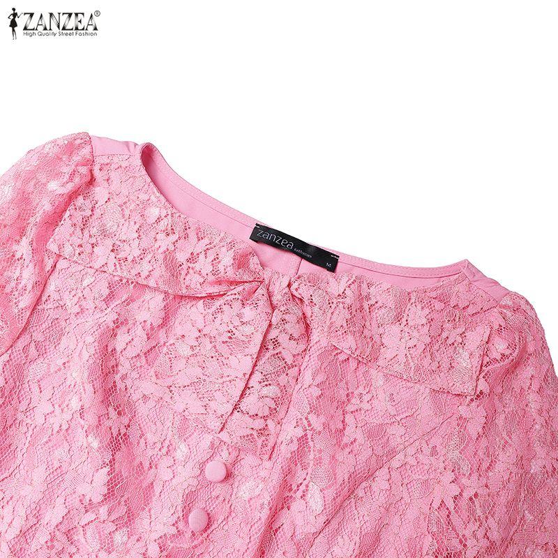 ZANZEA Женское элегантное кружевное платье с круглым вырезом и длинными рукавами