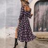 Women Autumn Winter Long Sleeve Flower Print Square Neck Casual A-Line Ankle-Length High Waist Dress