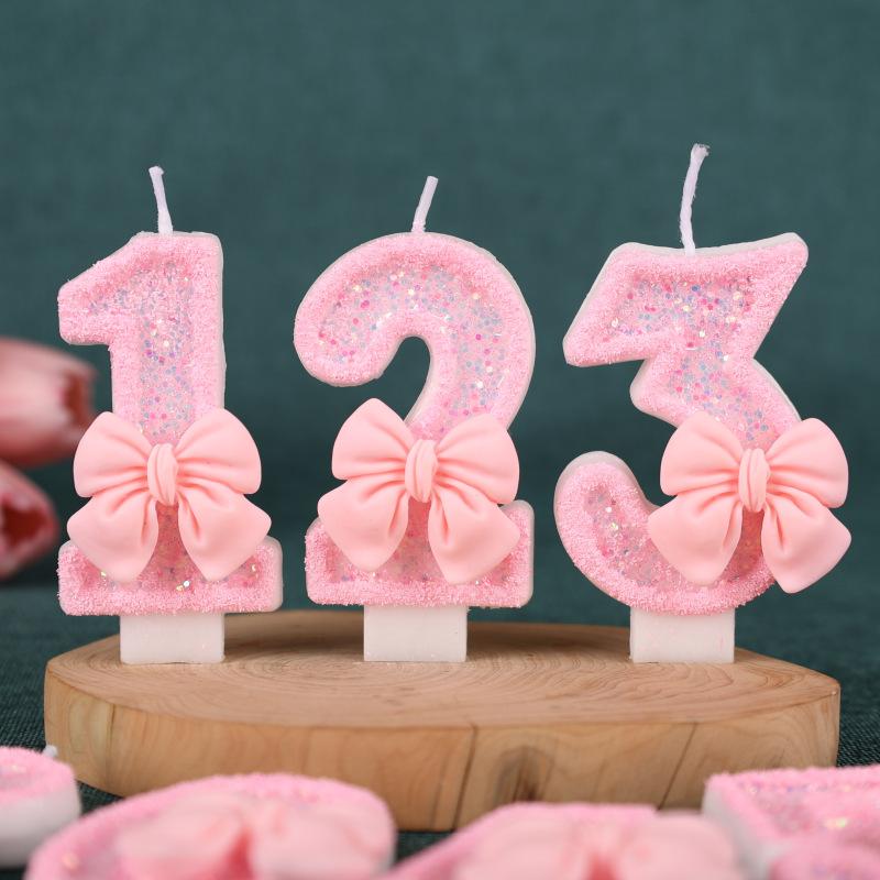 Pink Bow Number Birthday Candle Cake Decoration 1st Year Handmade Birthday Candle 0-9