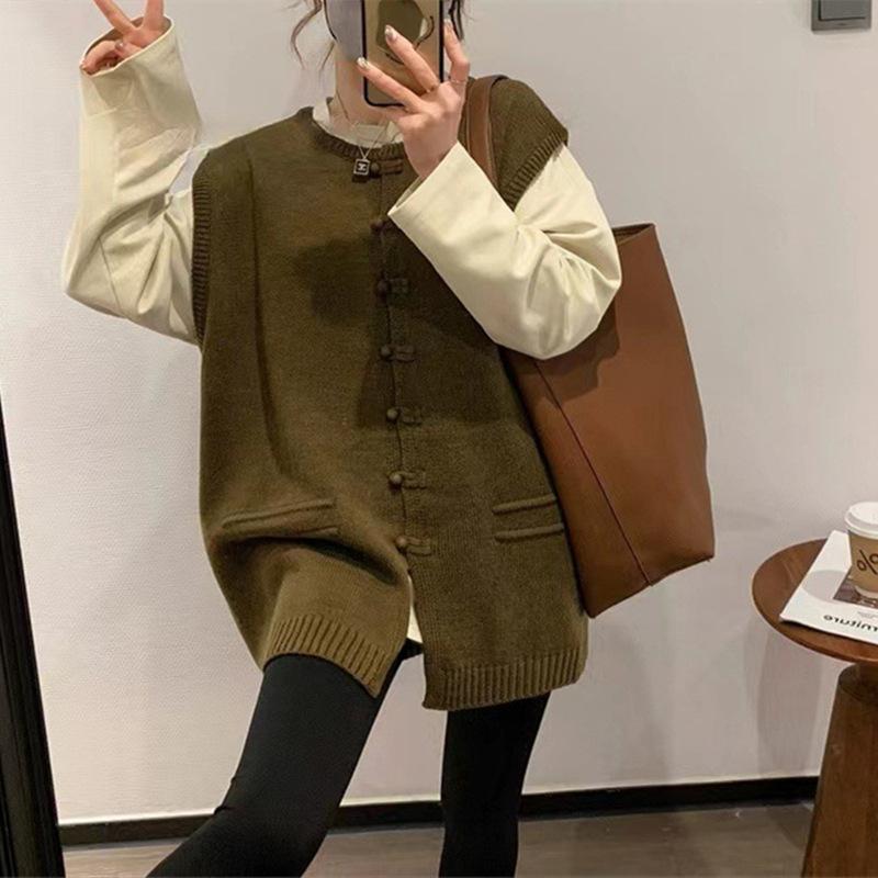 Пуговица ретро темперамент без рукавов вязаный свитер жилет новый осенний свободный свитер женский жилет средний и длинный модный