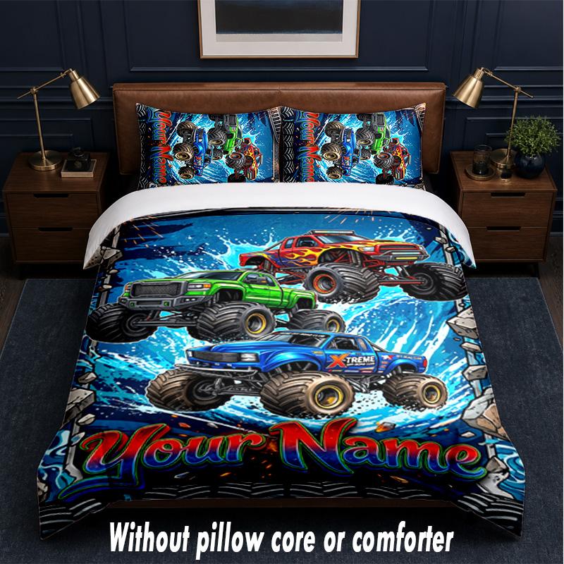 Monster Truck Theme Custom Text Or Name 3Pcs Bedding Set,1 Flat Sheet & 2 Pillowcases Personalized Home Bedding