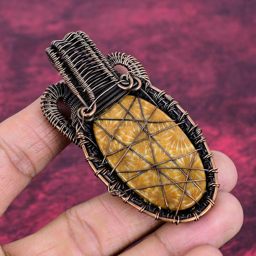 Fossil Coral Pendant Natural Gemstone Pendant Copper Wire Wrapped Unique Jewelry