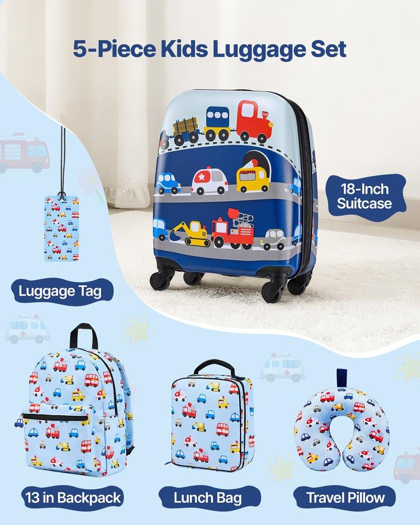 Kids Luggage Set, 5 Piece, 45.7 cm Hardside Rolling Wheels Suitcase with Backpack & U-shape Pillow, Truck Kids Carry on Luggage Set, Holiday Birthday