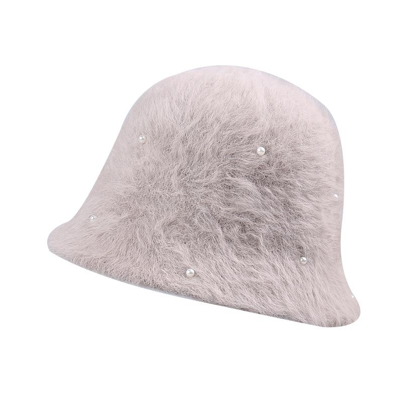 New foreign style pearl bucket hat women's autumn and winter plush warm retro versatile dome bucket hat