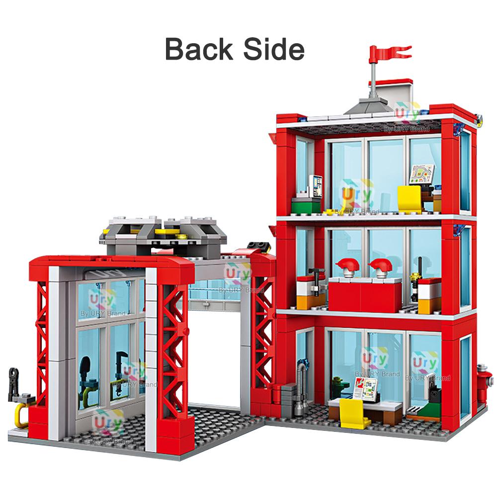 City Fire Station Ladder Truck Helicopter Car Rescue Boat Firefighter Figure Aircraft Model Moc Building Blocks Toy For Boy Gift