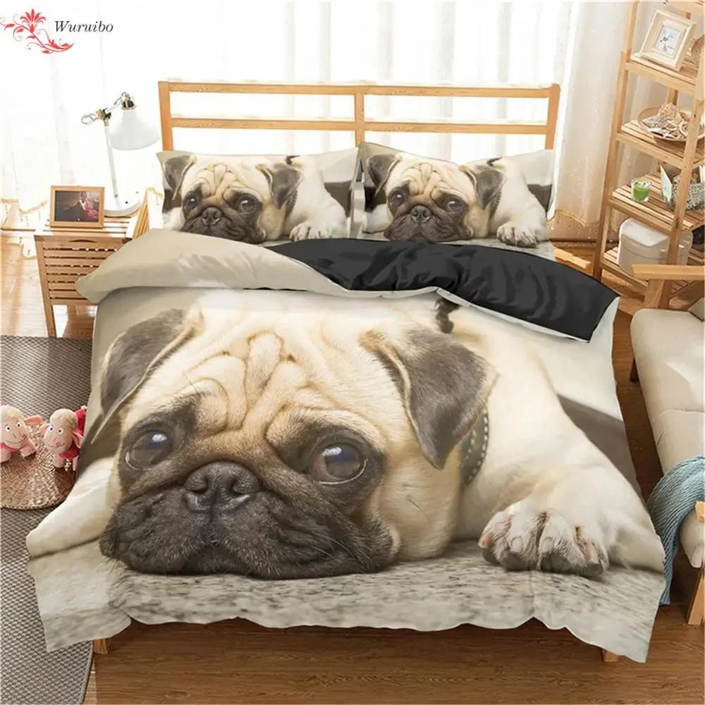 Cartoon Pug Dog Duvet Cover Set Comforter Cover Soft Bedding Set Full Size for Boys Girls Bedroom 2/3 Pieces with Pillow Shams