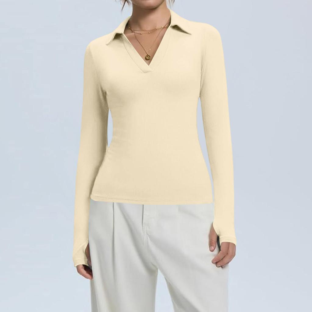 Женская мода Повседневный однотонный топ с V-образным вырезом и длинным рукавом на пуговицах