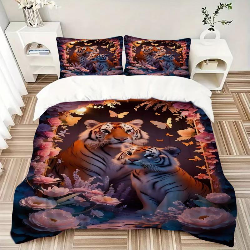 3pcs Tiger Family Duvet Cover Set - Includes 1 Duvet Cover and 2 Pillowcases, No Quilt Core, All-Season Home Decor yy251111044
