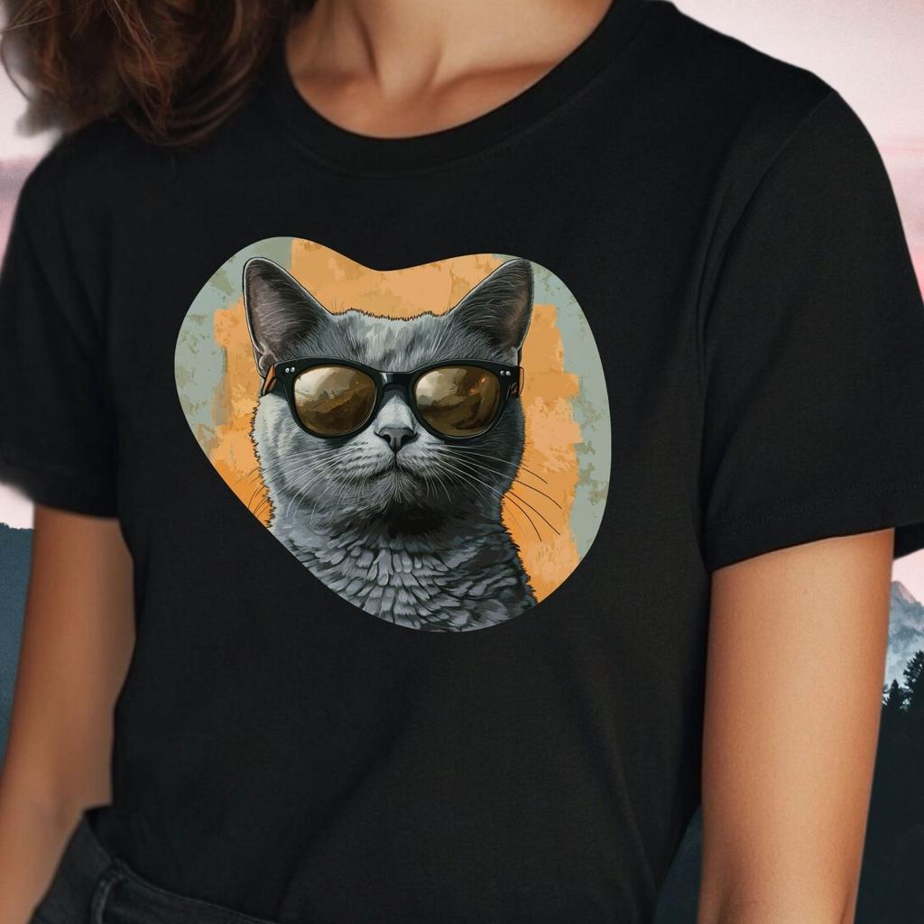 T-Shirt Frauen Graue Katze mit Sonnenbrille Motiv Baumwolle Größe S bis 3XLWird in neuem Fenster oder Tab geöffnet