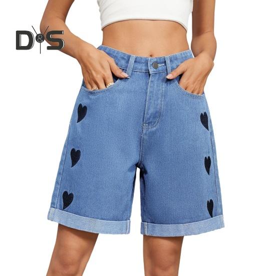 Летние женские джинсовые шорты со средней талией, длиной до колена, эластичные, повседневные, широкие, прямые, потертые, с манжетами, короткие джинсы с карманами
