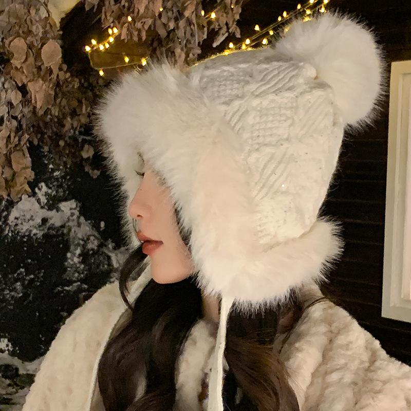 Зимняя шапка из искусственного меха лисы для женщин - толстая теплая вязаная шапка-ушанка, ручная стирка, смесь хлопка, не растягивается