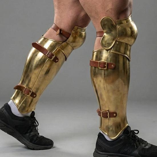 Handmade Polished Brass Medieval Leg Armor Knight Warrior Leg Guards with Knee Caps SCA LARP Gear Renaissance Costume for Men