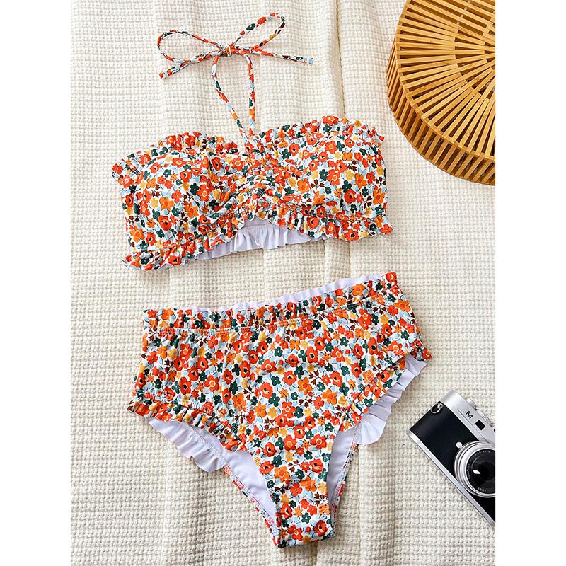 Женский сексуальный купальник-бикини из двух частей с цветочным принтом и оборками, купальный костюм без бретелек, летняя пляжная мода
