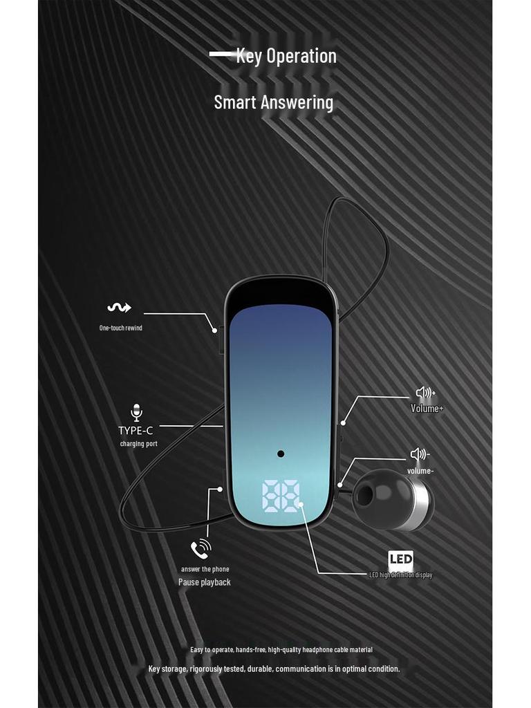 Bluetooth-наушники с клипсой для звонков и музыки, 20-часовая работа от аккумулятора, голосовое оповещение о номере входящего вызова