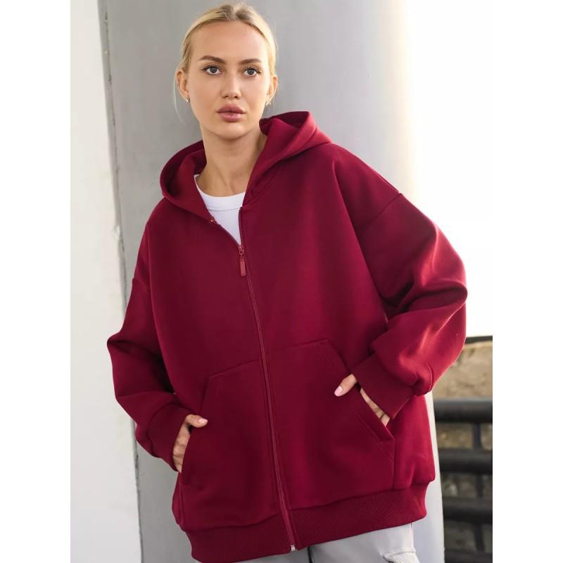 Womens Oversized Hooded Zip-Up Sweatshirt Loose Fit Long Sleeve Casual Top In Solid Colors
