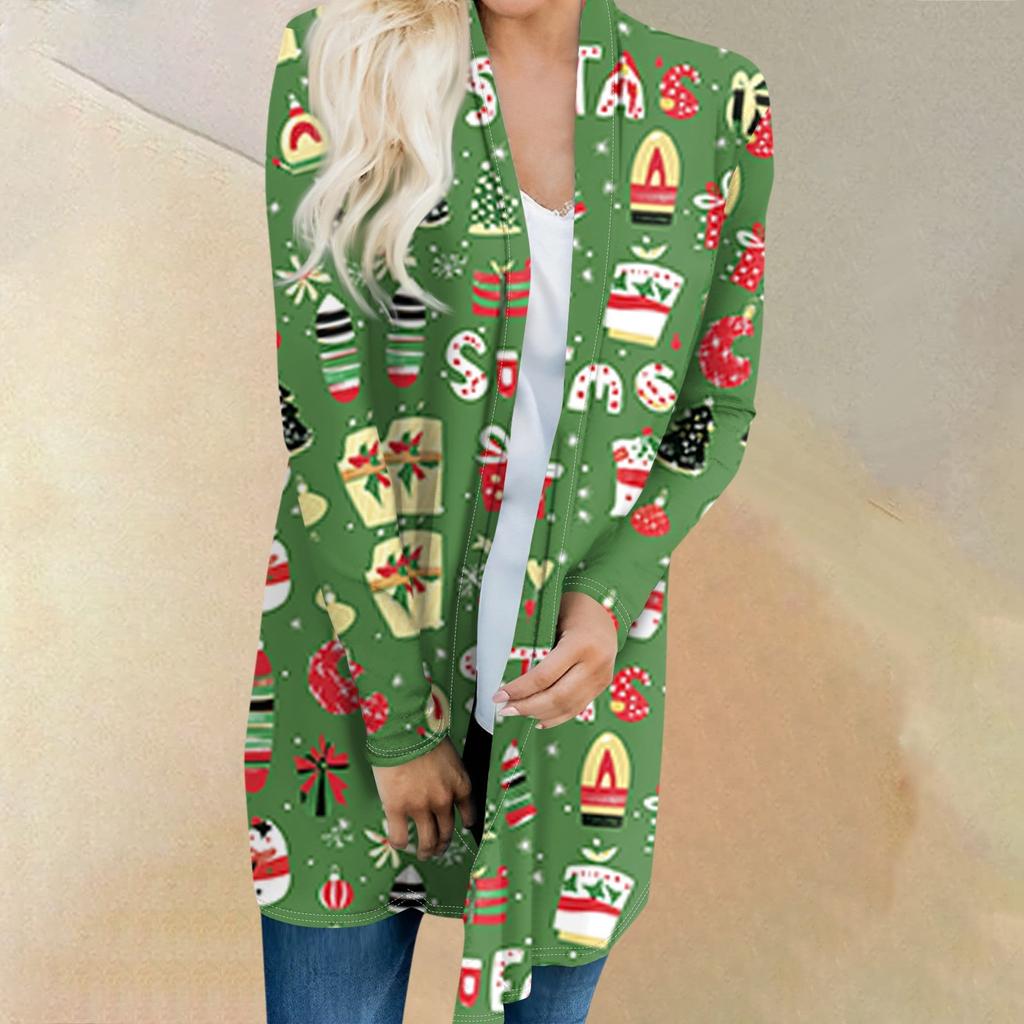 Женская мода повседневная куртка-кардиган средней длины с принтом рождественской елки