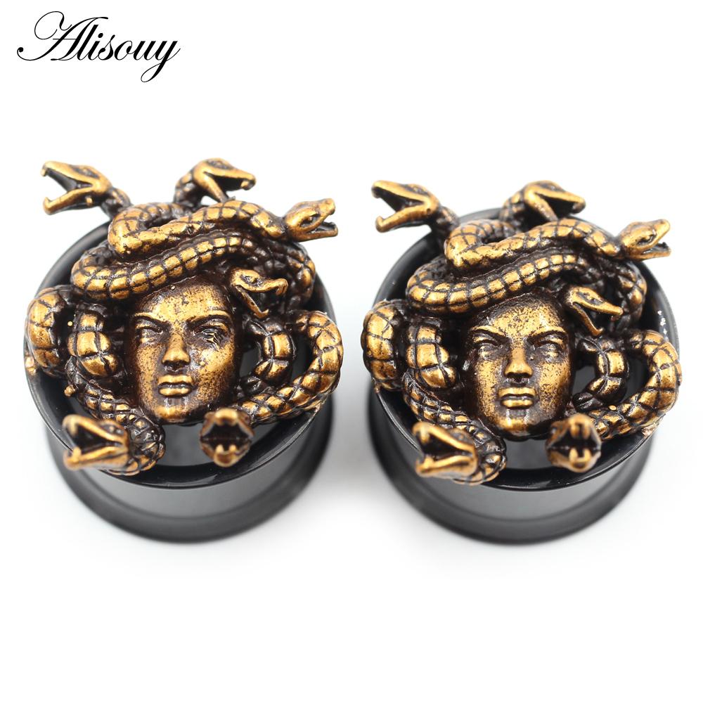 Alisouy 2PCS Нержавеющая сталь Змеиное лицо Череп Ушные туннели Заглушки Расширитель Расширитель Расклешенные Измерители Серьги Пирсинг Украшения для тела