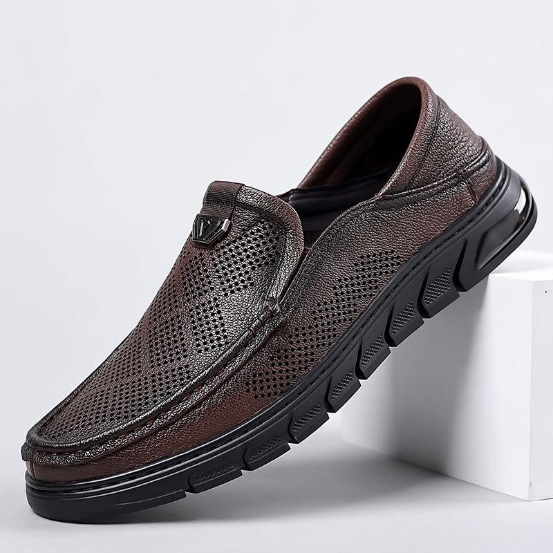 Italian Summer Hollow Shoes Men Casual Luxury Brand Genuine Leather Loafers Men Breathable Boat Shoes Slip On Moccasins
