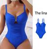 Women One-Piece Swimsuit Deep V-Neck Pleated Solid Color Monokini Quick-Drying Swimwear Beachwear