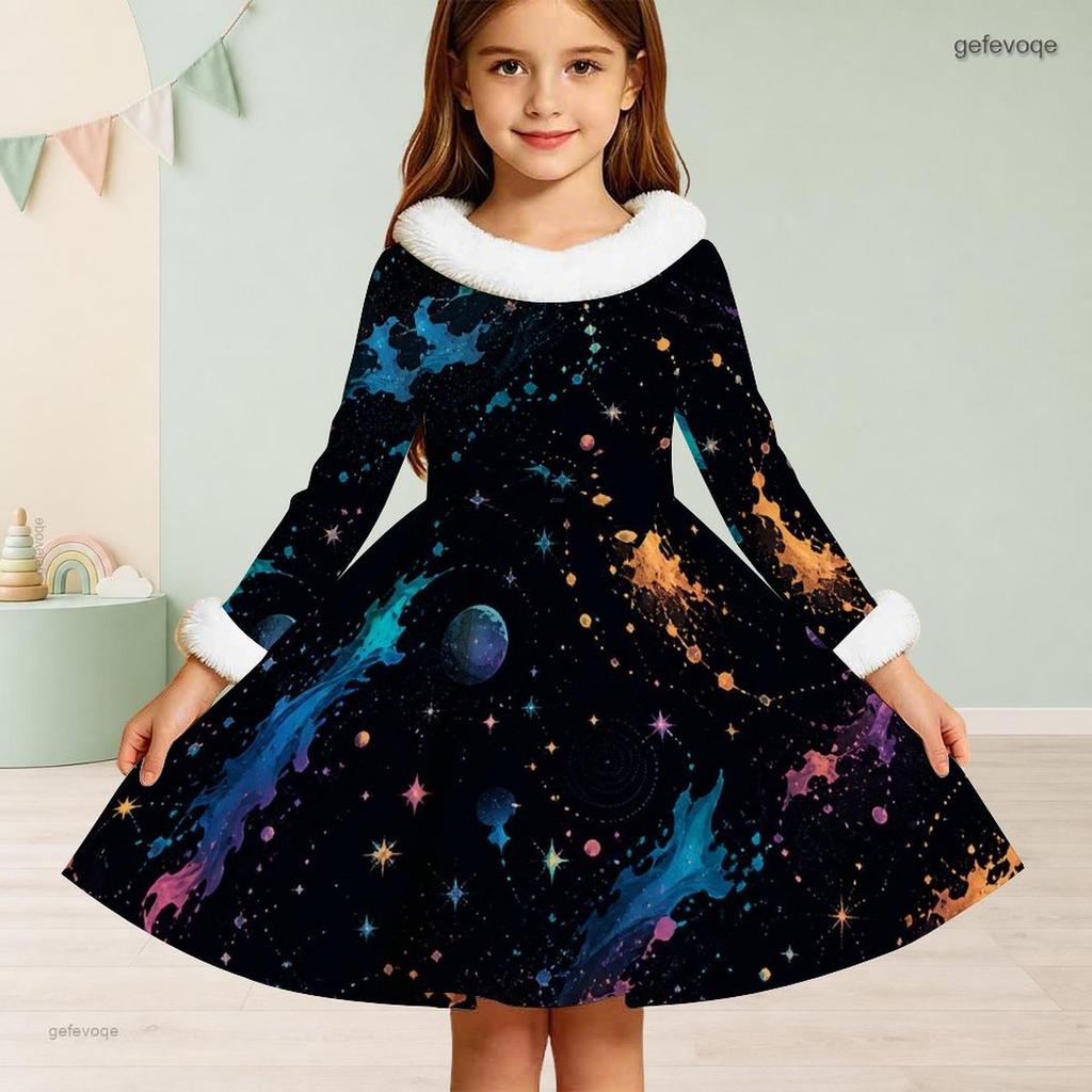 Girls Black Galaxy Printed Furry Trim Long Sleeve A Line Flared Dress