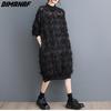 Dimanaf Plus Size Women 2023 New Summer Style Dress Long Sleeve O-Neck Floral Loose Dress Basic Black New