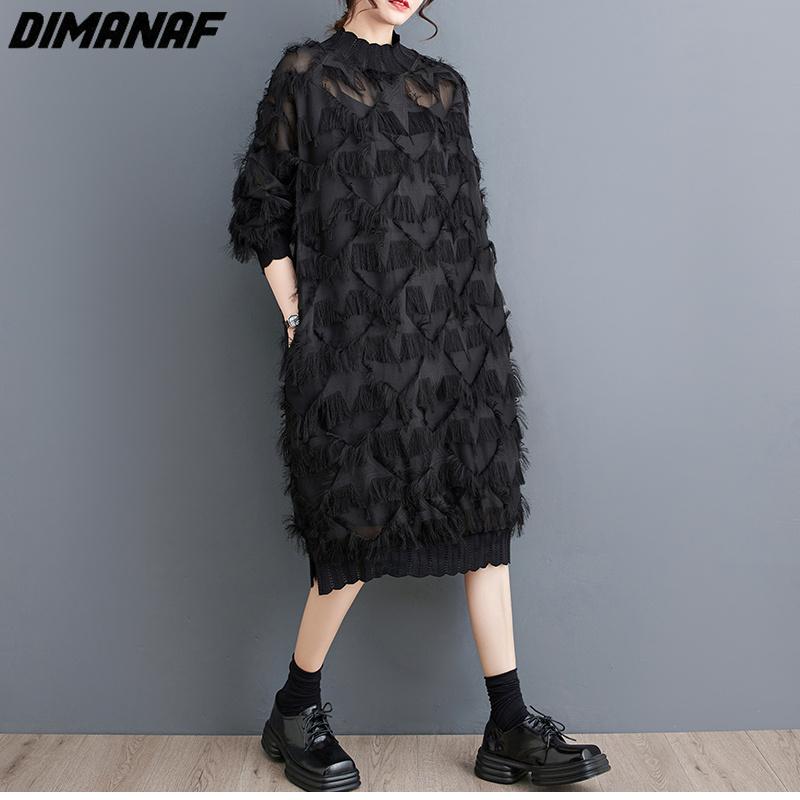 Dimanaf Plus Size Women 2023 New Summer Style Dress Long Sleeve O-Neck Floral Loose Dress Basic Black New