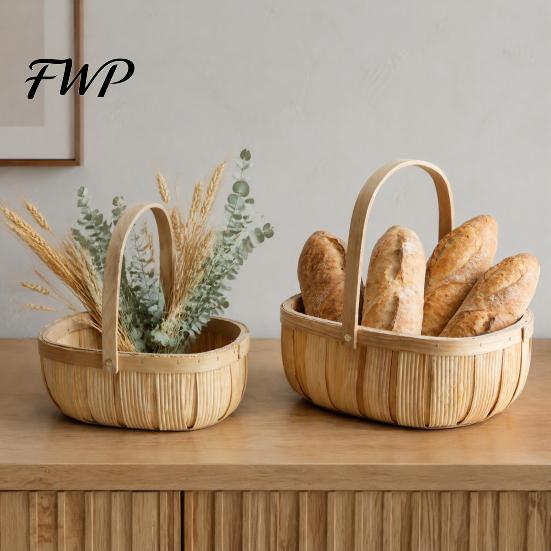 Portable Food Serving Tray Handmade Woven Wood Storage Basket, Oval Organizer with Reinforced Handle, Home Organization Baskets Large Capacity Bin for
