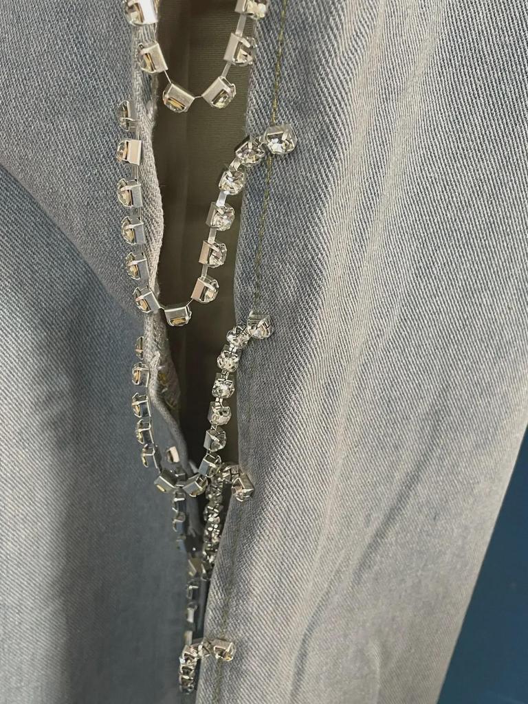 Women's Spring/Summer Loose Mid-Waist Wide-Leg Jeans with Diamond Stitching and Side Cut-Outs