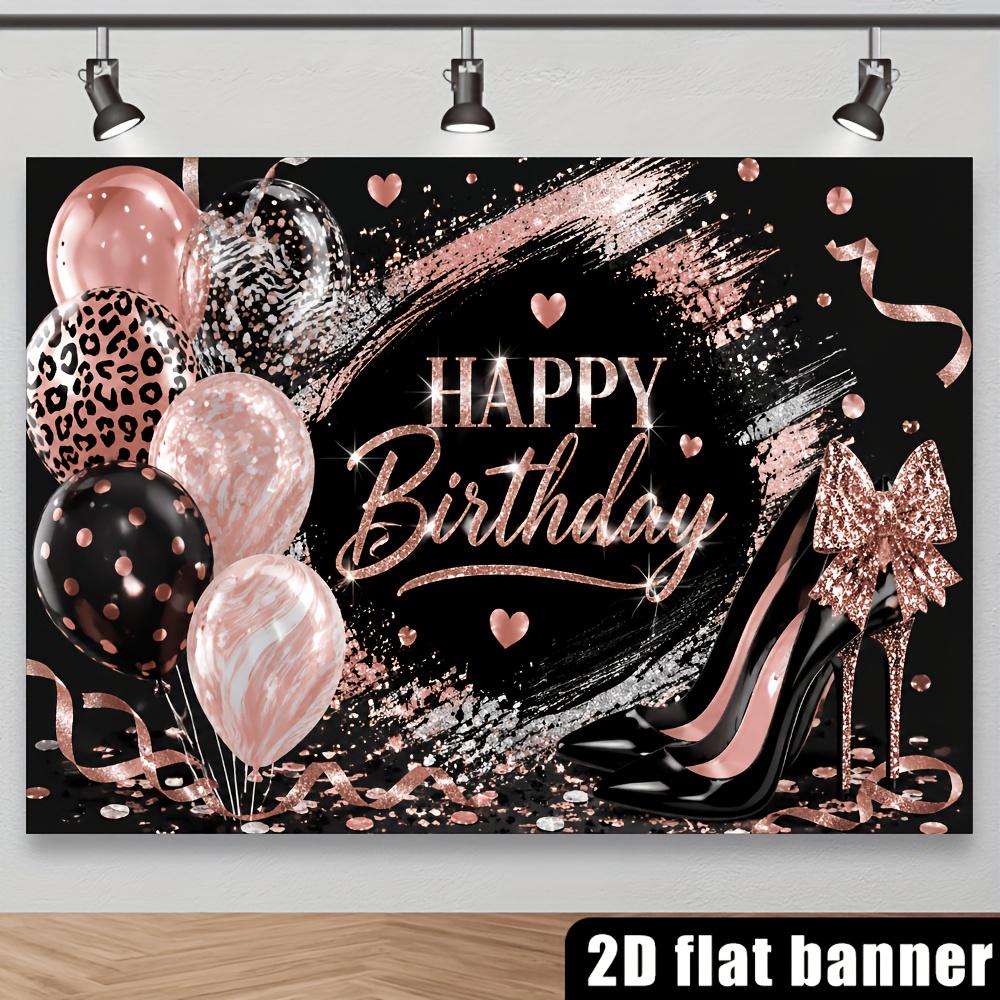 2D Flat Banner, Rose Golden Birthday Backdrop, Balloons and Leopard Print, Sparkling Heart Sequins, for Parties Photo Backgrounds