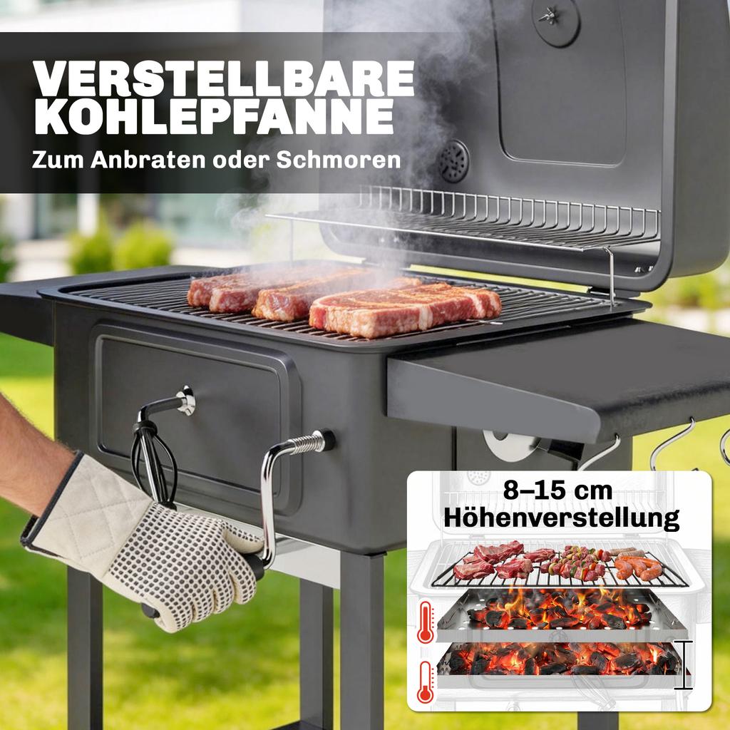 Charcoal BBQ Grill with Adjustable Charcoal Pan, Large Barbecue Grill Smoker with Side Tables, Temperature for Outdoor