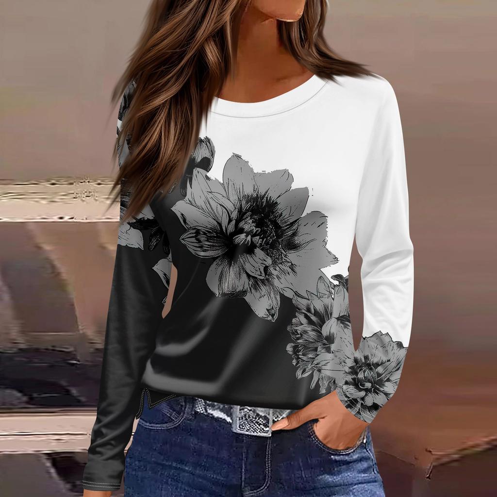 Women's Fashion Casual Slit Hem Round Neck Long Sleeve Loose  Printed T-Shirt Ladies Top