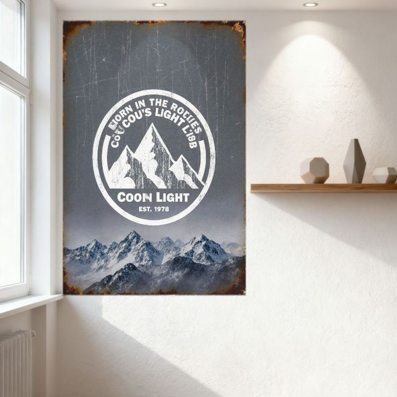 Винтажная металлическая жестяная вывеска Coors Light "Рожден в Скалистых горах", Ржавая окантовка, Грязный серый фон, Горный хребет, Домашний бар, Мужская берлога, Вашингтон
