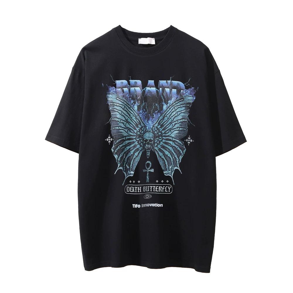 Футболка с короткими рукавами и принтом черепа и дьявола для мужчин из Instagram, Европы и Америки, уличная футболка с круглым вырезом и рукавом 5/4, летняя свободная футболка в стиле научной фантастики