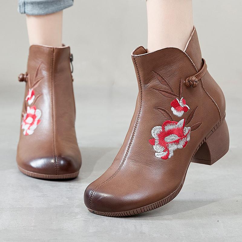 GKTINOO Floral Ankle Boots For Women Autumn Winter Genuine Leather Women's Boots Retro Handmade Comforable Shoes High Heels